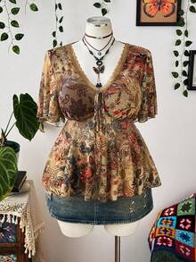Sunspun Plus Size Women V-Neck Ruched A-Line Flounce Sleeve Blouse - Multicolor - View 3