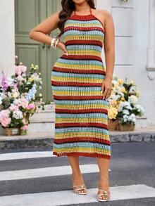 Breezaya Rainbow Knit Halter Neck Dress,Red And Gold,Summer,Boho,Vacation,Holiday Gradient Color Decor Fresh Eye-Catching Long Cut Slim Spotlight Outfit - Multicolor - View 5
