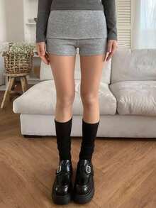 DAZY 女士高腰弹力修身灰色夏季短裤 - 灰色 - 查看 2