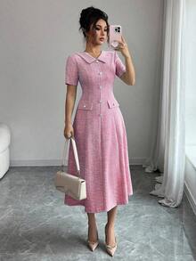 Elenzga Đầm midi nữ chất liệu vải dệt họa tiết, cổ áo, dáng chữ A, thắt eo, trang trí cúc giả ngọc trai kim loại, thiết kế túi thanh lịch, chất lượng cao cấp, thích hợp cho sinh nhật, hẹn hò, tiệc tùng, sự kiện trang trọng, tiệc cocktail, lễ hội âm nhạc, ngày Valentine, lễ hội hóa trang, tay ngắn. - Hồng - Xem 6
