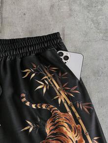 AXEPEAK Men's Tiger Print Drawstring Shorts - Black - View 4