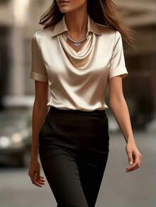 SHEIN LUNE Camicia estiva da donna, collo drappeggiato, vestibilità morbida, maniche corte, casual, versatile, camicie in raso per uso quotidiano, top formali eleganti per donna, top casual eleganti, top donna, bluse in raso eleganti per donna, top in raso eleganti e raffinati, camicette e top da donna, camicie da lavoro, abiti da lavoro per donna, abbigliamento da lavoro per donna, bluse da donna, top in seta eleganti e raffinati per donna, blusa in raso per donna - Champagne - Visualizzare 6