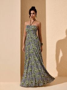 JIAN LASALA 热带印花隧道褶皱露背吊带露背女士夏季度假长裙 - 綠色 - 查看 4