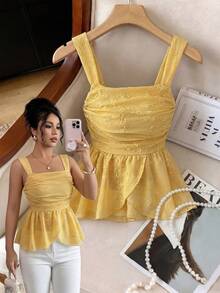 Elenzga 无袖方领收腰A字下摆优雅浪漫精致女士背心 - 黃色 - 查看 4