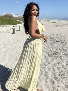 Alexandranx 女士性感优雅交叉垂坠领镂空扎染印花露背垂坠领吊带背心 - 黃色 - 查看 3