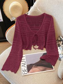 Franclia New Solid Color Hollow Crochet Lace Lightweight Cardigan, Versatile Outerwear For Women - Burgundy - View 7