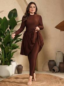 Swim Mulvari Plus Size Solid Color Minimalist Long Sleeve Burkini Set - Brown - View 1