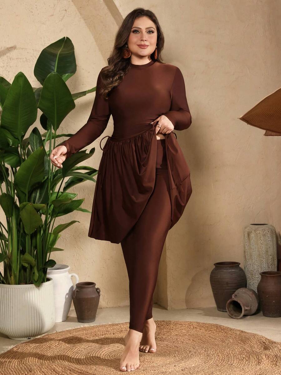 Swim Mulvari Plus Size Solid Color Minimalist Long Sleeve Burkini Set - Brown - View 1