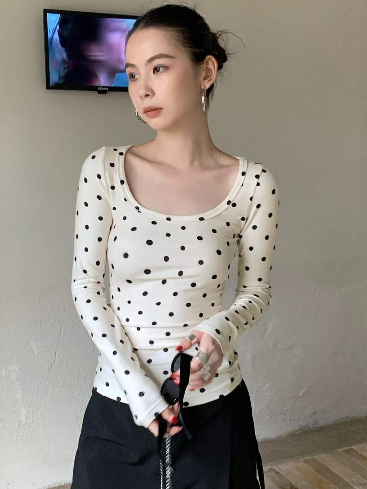 Women's Round Neck Polka Dot Long Sleeve T-Shirt