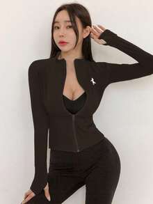 DAZY 女士纯色弹力高领修身长袖外套，休闲运动风，春秋季 - 棕色 - 查看 3