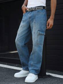 Manfinity EMRG 休闲水洗蓝色宽松直筒工装牛仔裤，带大口袋，春夏款 - 藍色 - 查看 4