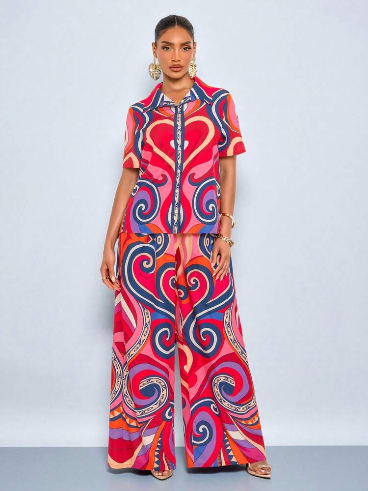 SOLERSUN 2 Pcs Women's Tropical Print New Single-Breasted Blouse Short Sleeve Shirt And Pants Set Versatile For Everyday Wear, All Seasons Summer,Summer Holiday Outfits Going Out Outfits - Hot Pink - View 6