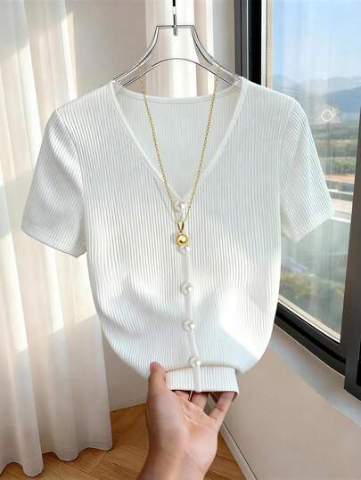 Franclia V-Neck Short Sleeve Knit Casual Business Commute T-Shirt Blouse For Women New Elegant Knit Casual Tops For Women Elegant Polo Blouse For Women Casual S3433 Of Woman Clothes Trending Outfit For 2025 White Knit Cardigan Short Sleeve Tops For Women Elegant Knit Tops Business Casual Women Tops Trending Tops For Women Clothes For Ladies Summer New Arrival Daily Wear Yk2k Tops Discount Clothes Blouses For Women New Elegant Knit