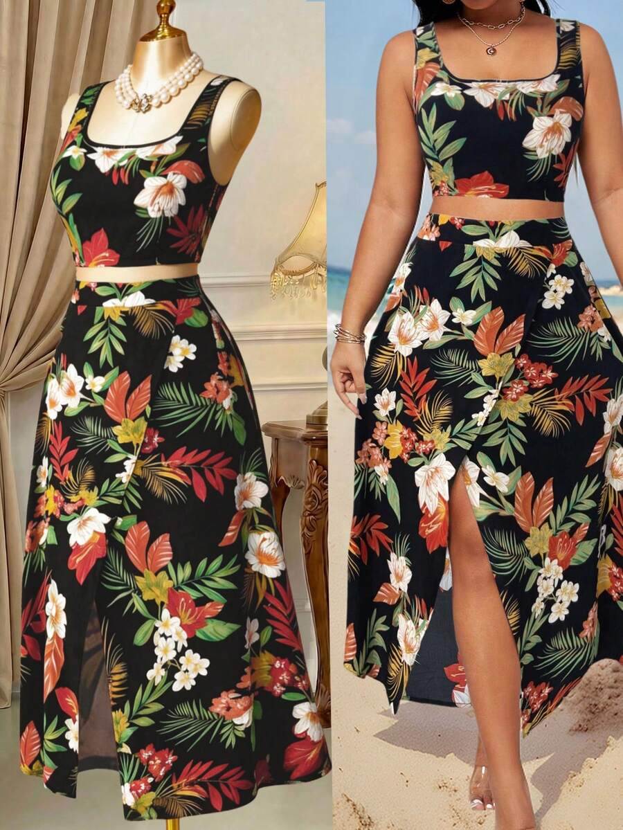 Rometta 大码复古、优雅、浪漫、度假风，黑色和彩色花卉印花露脐修身无袖上衣搭配高腰开衩长裙两件套，可拆分搭配，日常百搭，适合夏季、返校季、毕业典礼、假期、情人节、音乐节、母亲节、万圣节、感恩节、复活节、国庆节、圣诞节、晚会、约会、派对、郊游等场合。 - 彩色 - 查看 1