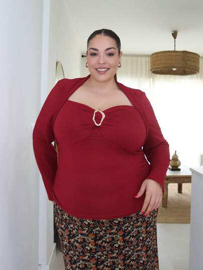 Pretty and Ole 大码优雅通勤纯色金属装饰修身长袖T恤