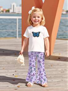 Fjärilstryckt kortärmad t-shirt och byxor för babyflicka, avslappnad outfit - Multifärgad - Visa 7