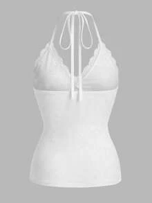 Sweetra Plus Size Women Lace Halter Tie Ruched Fitted Casual Blouse - White - View 2