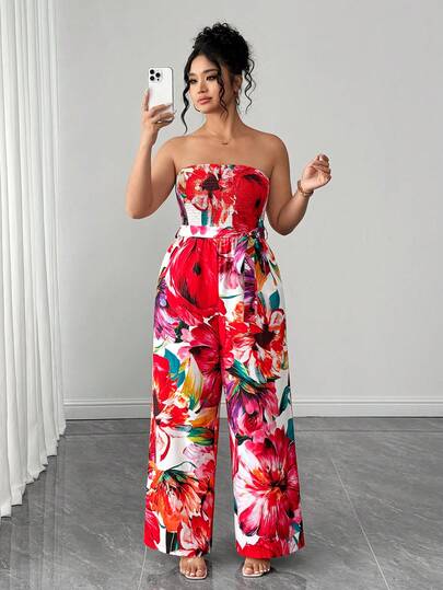 Elenzga جمبسوت نسائية كبيرة الحجم عصرية مطبوعة بالكامل مع فتحة رقبة بلا أكتاف