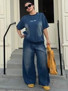 Dazy Plus 大码女装两件套，字母刺绣水洗深蓝色宽松长袖上衣和裤子，春秋季 - 中等水洗藍 - 查看 4