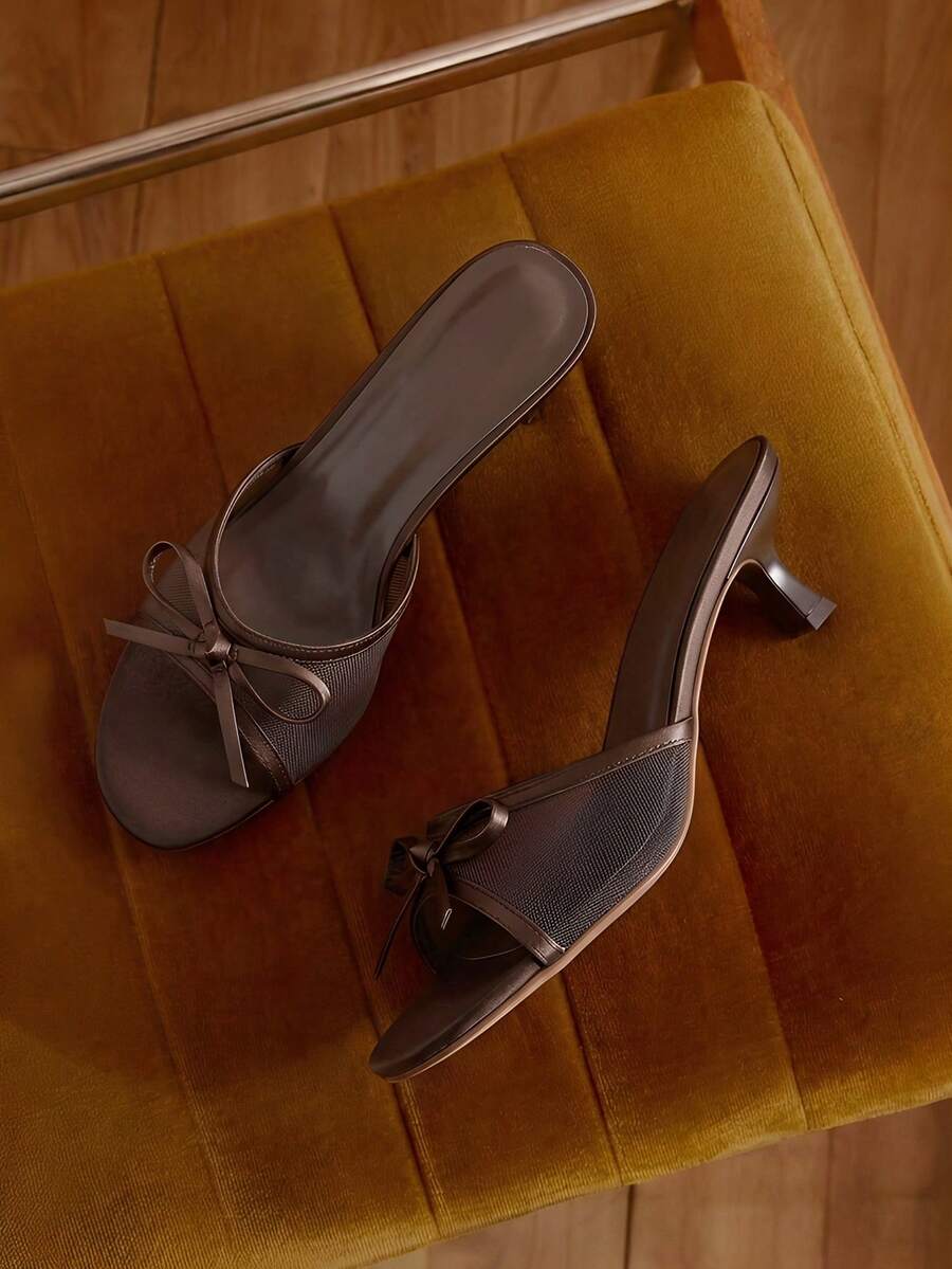 Giày cao gót hở mũi lưới thoáng khí cho nữ, trang trí nơ, phong cách tối giản đa năng mùa hè mới về - Màu Khaki - Xem 1