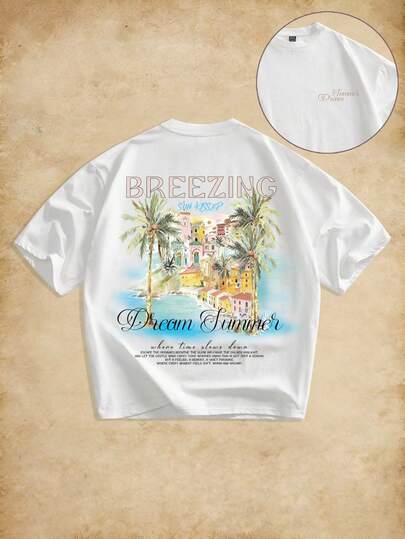 VIVINTIMO Męska koszulka z nadrukiem tropikalnym, marzycielski klimat wakacji