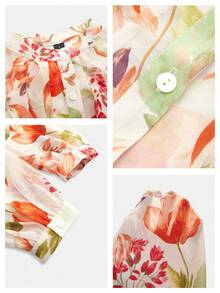Maija Women's Elegant Floral Print Ruffle Hem Chiffon Blouse,Boho Flowy Cream Flower Shirt For Autumn Holiday,Tea Party Vacation Summer Spring Outfits - Multicolor - View 6