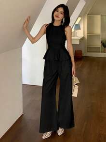 DAZY Women's Sleeveless Round Neck Ruffle Hem Solid Color Long Tank Top 2 Pieces Set, Summer Short Sets For Women - Black - View 2