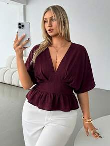 Auralis 大码女式深V领蝙蝠袖纯色修身时尚上衣 - 酒紅色 - 查看 1