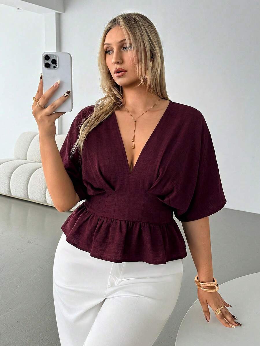 Auralis 大码女式深V领蝙蝠袖纯色修身时尚上衣 - 酒紅色 - 查看 1