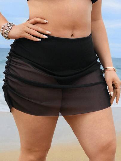 Swim Lushoire Plus Size Women's Solid Color Mesh Cover-Up, Bodycon Skirt, Sexy Bikini Bottom