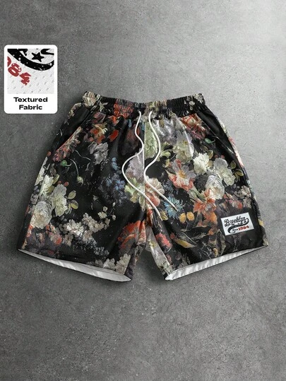ROMWE MEN Street Life Men's Casual Floral Print Drawstring Waist Breathable Mesh Shorts, Fashionable For Daily, Commute, And Holiday