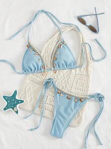 Swim SXY Đồ bơi mùa hè cho nữ, bộ bikini buộc dây cổ họa tiết sao biển và vỏ sò, quần bikini tam giác cạp cao buộc dây, đồ bơi đi biển, phụ kiện ngẫu nhiên. - Màu xanh bụi bặm - Xem 5