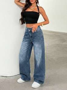 SHEIN PETITE Women's Thick Denim Wide Leg Pants With Oblique Placket, Blue - Medium Wash - View 1