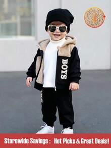 SHEIN Baby Boy Letter Applique Fleece Sweatshirt Track Suit,Black And White,Autumn,Casual,Date Comfortable Fabric Autumn/Winter Outdoor Streetwear Outfit - Multicolor - View 1