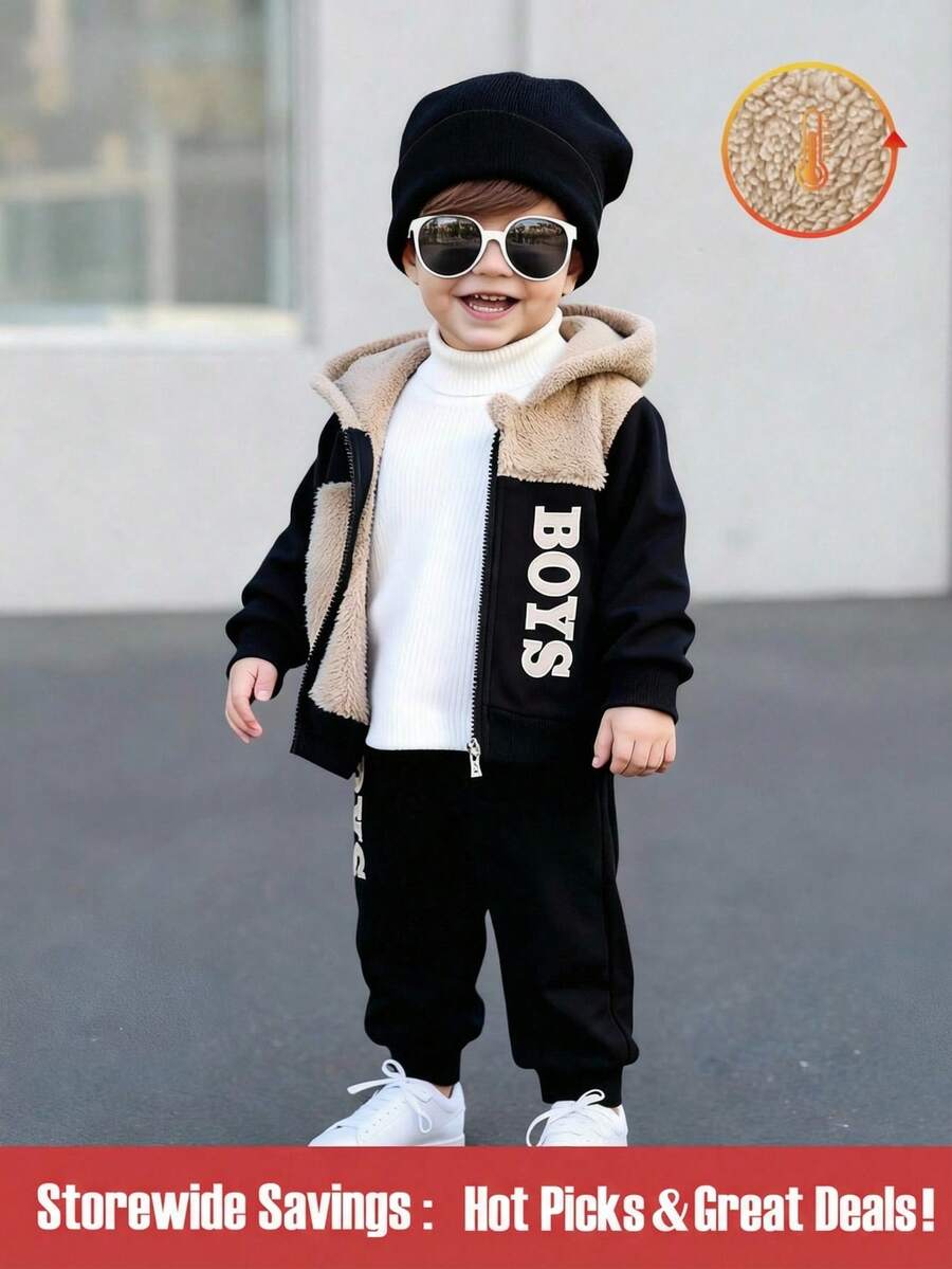 SHEIN Baby Boy Letter Applique Fleece Sweatshirt Track Suit,Black And White,Autumn,Casual,Date Comfortable Fabric Autumn/Winter Outdoor Streetwear Outfit - Multicolor - View 1