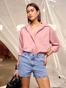 斜插口袋牛仔短裤 - 中等水洗藍 - 查看 4