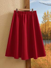 Rusticease Plus Size Women Solid Color Elastic Waist Casual Vacation Skirt - Burgundy - View 2