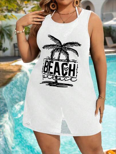 Swim Lushoire Plus Size Women Palm Tree Print Sleeveless Romper Casual Beach Cover Up