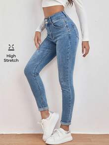 Breezaya High Waist Slant Pocket Skinny Black Jeans - Medium Wash - View 6