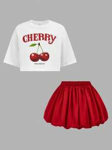 少女休闲樱桃印花白色T恤和碎花裙两件套 - 紅白色 - 查看 8
