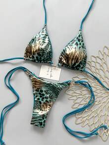 Swim Vcay Bộ bikini hai mảnh không gọng, họa tiết da rắn ngẫu nhiên, kiểu tam giác, gồm áo yếm và quần lọt khe buộc dây bên hông, thích hợp cho kỳ nghỉ hè trên bãi biển. - Nhiều màu - Xem 3