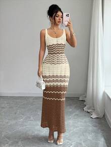 Elenzga Đầm hai dây dài ôm sát dành cho nữ, màu kem vàng, kiểu dáng thanh lịch, kẻ sọc, không tay, hàng mới về mùa xuân/hè. - Nhiều màu - Xem 1