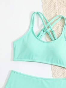 SHEIN 少女薄荷绿针织比基尼套装，可调节交叉后背带，时尚优雅，适合游泳、夏季度假、海滩、泳池、假日派对等场合。 - 薄荷綠 - 查看 4