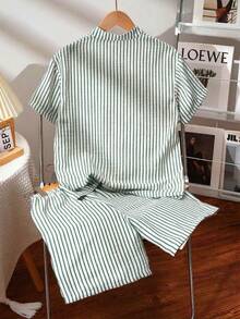 2pcs/Set Boys' Casual Striped Half-Placket Shirt Outfit, Suitable For Daily, Vacation, School And Other Occasions - Green - View 2