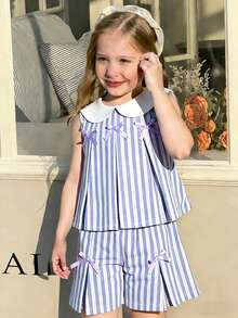 SHEIN Elladie kids 女童紫色褶皱可爱蝴蝶结装饰背心搭配时尚阔腿裤套装，适合日常休闲穿着和通勤，简约风格 - 藍色 - 查看 8