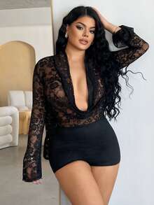 Dayanna Comas Bộ đồ liền thân cổ khoét sâu ren gợi cảm thời trang dành cho nữ - màu đen - Xem 4