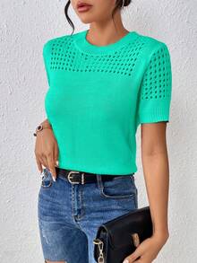 EMERY ROSE Atasan Rajut Lengan Pendek Warna Polos Leher Bulat untuk Wanita, Cocok untuk Musim Panas, Pakaian Tahun Baru, Kencan, Warna Hijau Zamrud, Kasual - Mint Green - View 5