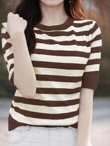 SHEIN LUNE 女士休闲条纹短袖套头毛衣 - 咖啡棕 - 查看 4