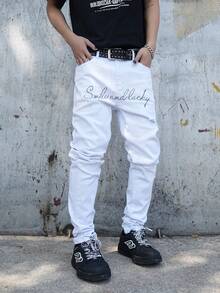 Manfinity EMRG Quần jean denim trắng rách, ôm sát, co giãn, thêu họa tiết hip-hop Mỹ. - trắng - Xem 5