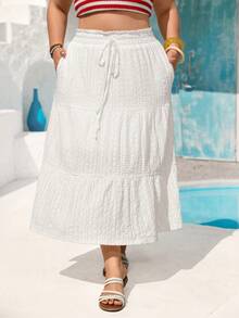 Vivid Eden Women's Plus Size White Eyelet Tiered Midi Skirt,Summer Boho Vacation Holiday Beach Casual Bohemian Birthday Outfit Drawstring Ruffle Hem - White - View 4